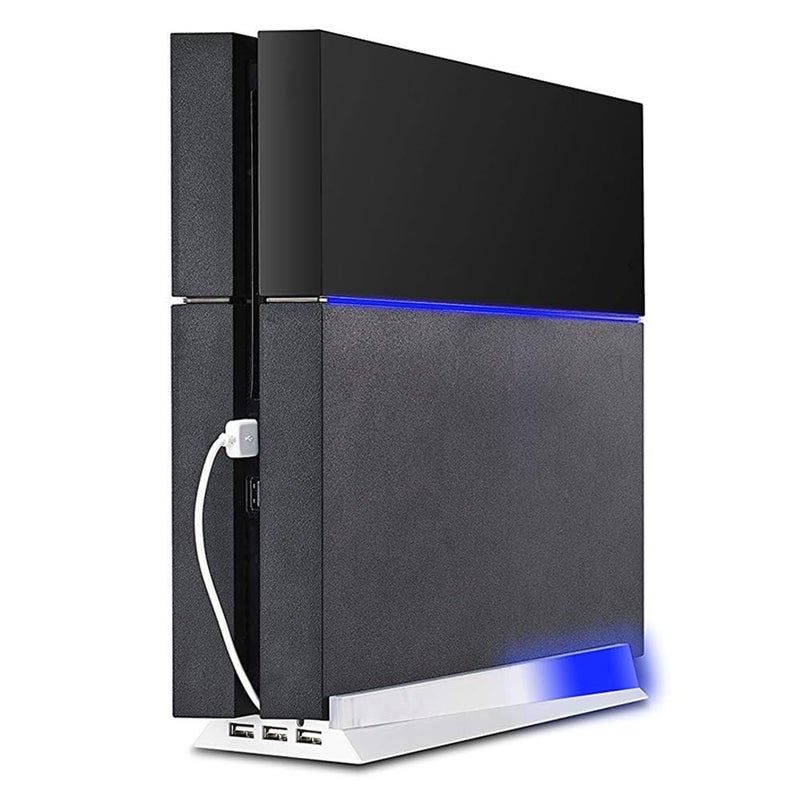 KlsyChry Vertical Stand for PS4 White, Blue Light Base Led Bracket Mount Holder Stand for PS4 PlayStation 4 Console with 3 USB Hub Ports -White - Image 1